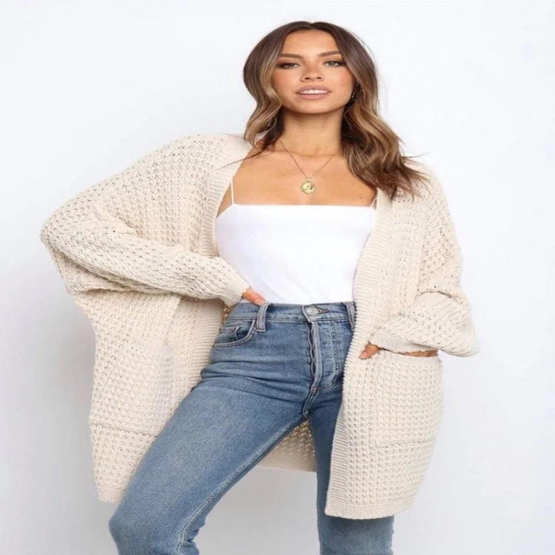 

Solid Colors Hollow Out V-Neck Long Cardigans Women BF Loose Casual Knitted Sweaters Office Lady Thick Warm Coats All-Match Tops
