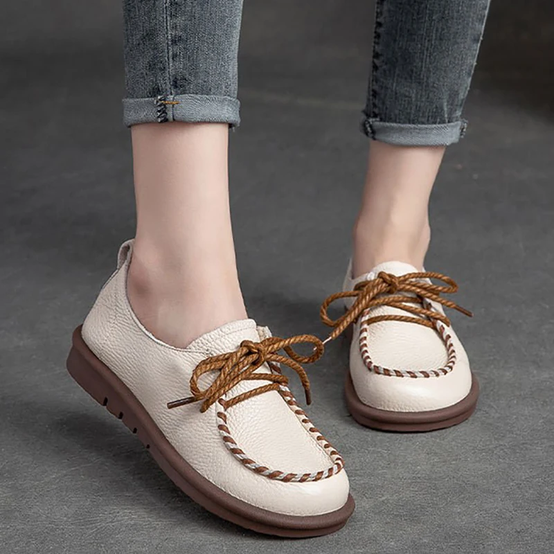 

Women Leather Shoes White Casual Lace Up Brand Flats Women Autumn Low Heels Handmade Genuine Leather Soft Women Flats Retro 2022