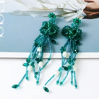 fashion large green glass beaded dangle drop earrings exaggerated handmade fringed earrings charm jewelry for women 2022 trend