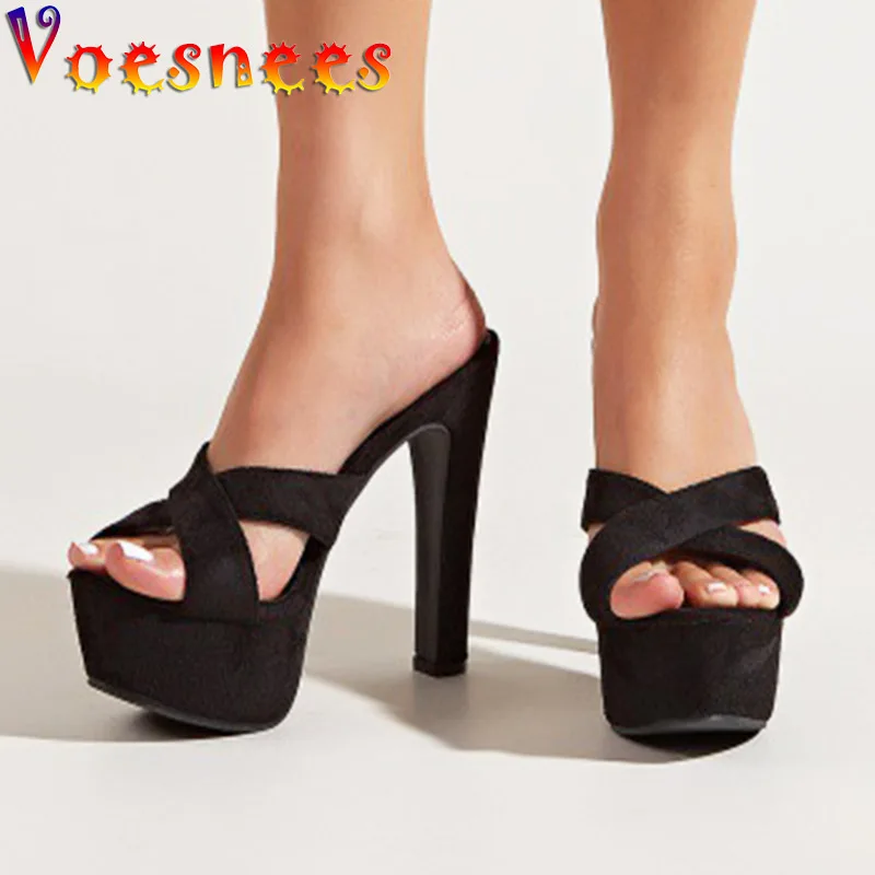 

High Heel Slippers New Women Suede Sandalias Summer Model Show Thick Platform Ladies Pumps Black Cross Vamp Party Dress Shoes