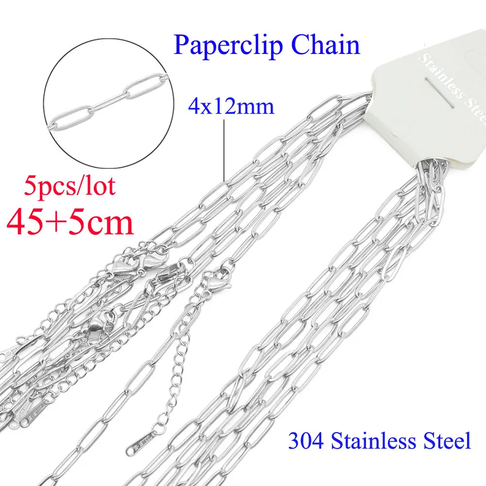 5pcs/lot Bulk Wholesale 304 Stainless Steel Paperclip Chain Necklace for DIY Jewelry Making 45+5cm Box Fiago Snake Curb - купить по