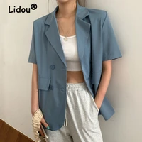 summer 2022 korean fashion solid double breasted pocket short sleeve thin loose casual blazers women temperament all match suits