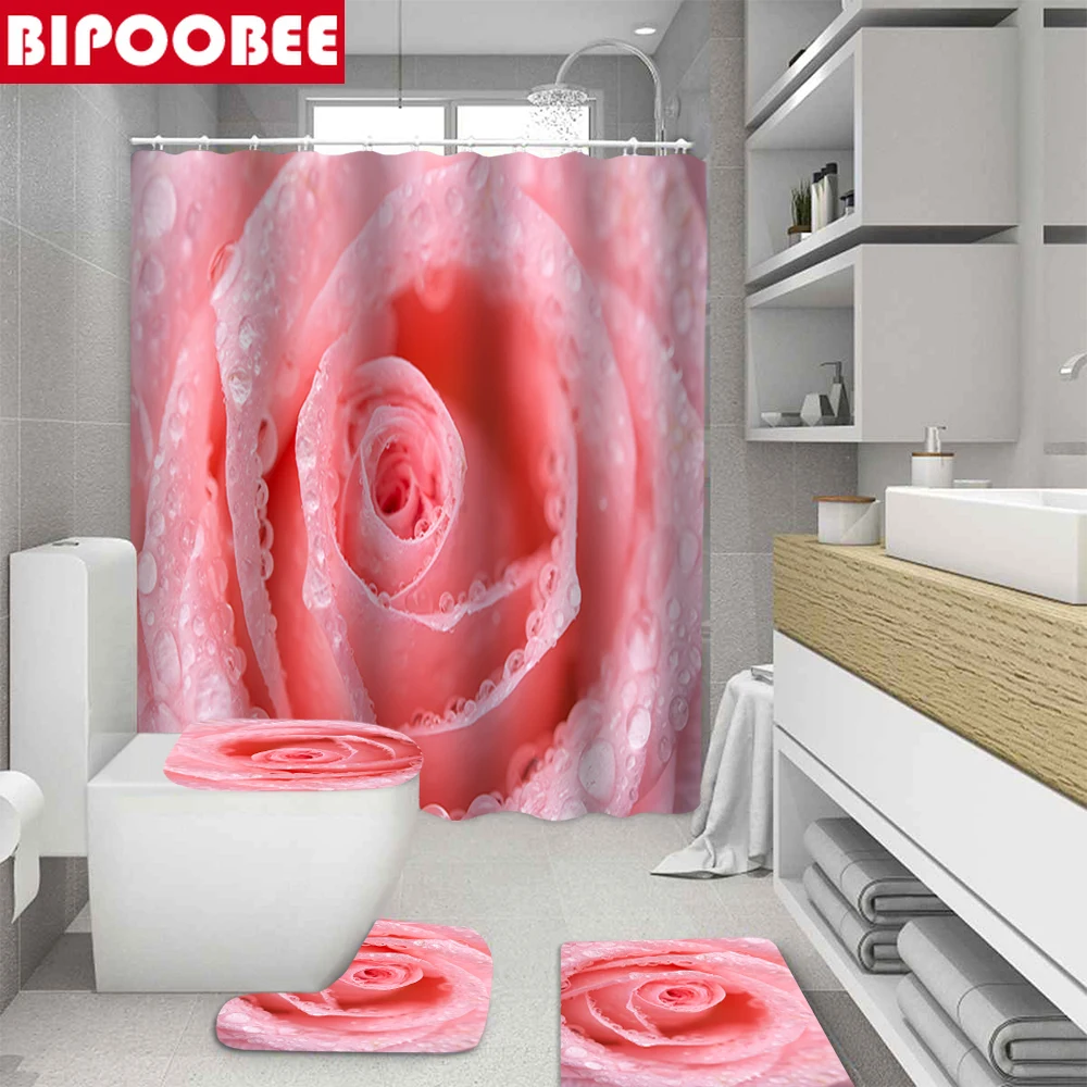 

Water Drop Pink Rose Flower Shower Curtains Set Bath Mats Rugs Waterproof Polyester Bathroom Curtain with Hooks Home Decor