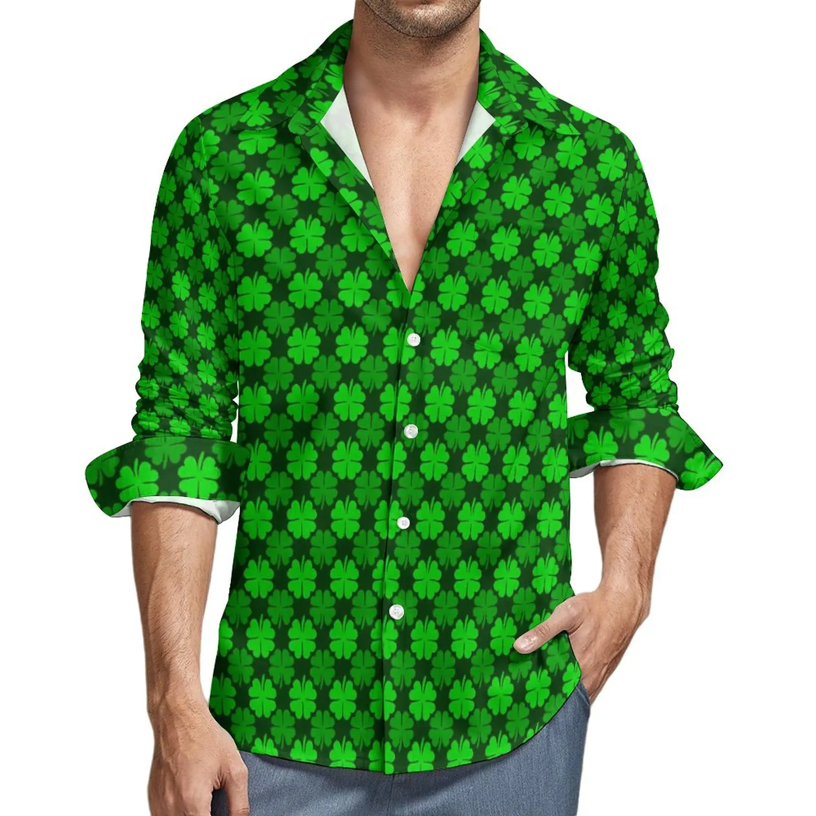 

Повседневная рубашка St Patricks Day Y2K, мужская рубашка с принтом Shamrock, осенняя модная блуза с длинным рукавом, дизайнерский Топ большого размера