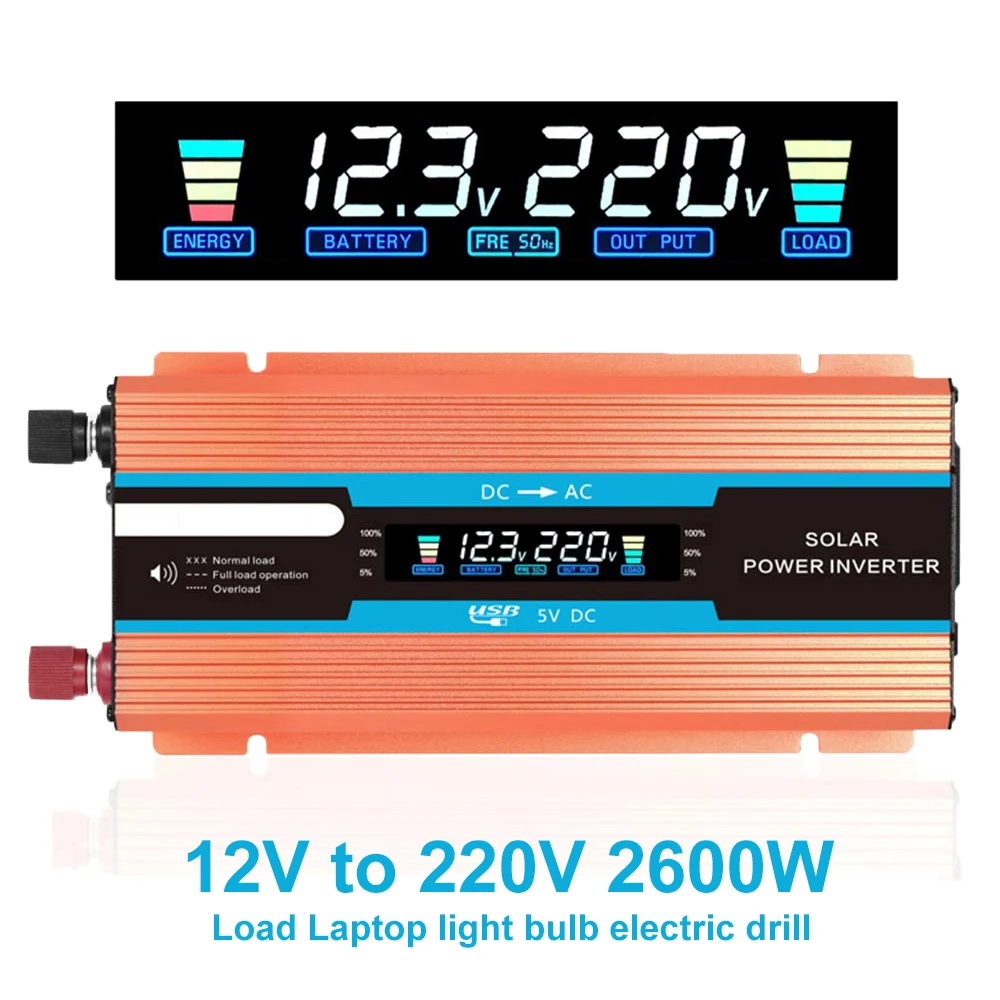 

1200W/2200W/2600W Inverter Converter 12V 220V Sine Wave Modified Power Load Charger LCD Display DC to AC Transformer Voltage