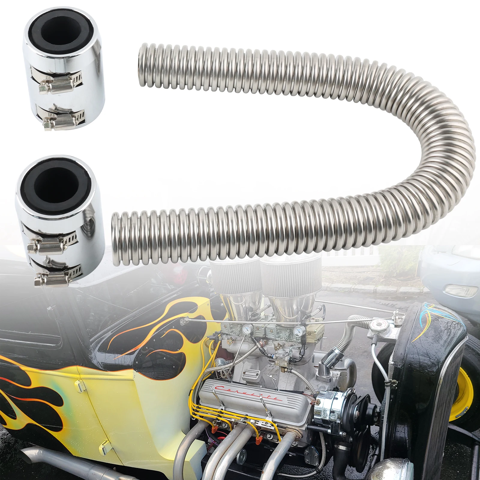 

24" (61cm) Stainless Steel Radiator Hose Flexible Coolant Water Hose Kit With 2 Chrome Caps Universal
