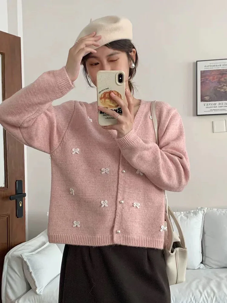 Женский Милый Кардиган Zoki С Бантом V-образным Вырезом Вязаный Свитер