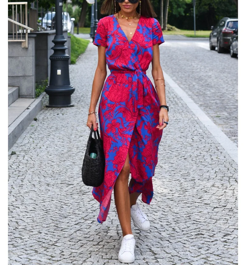 

2023 Women Casual Print Wrap Dress Summer Short Sleeve V-Neck Waist Lace-Up Split Asymmetrical Midi Dress Bohemian Clothes