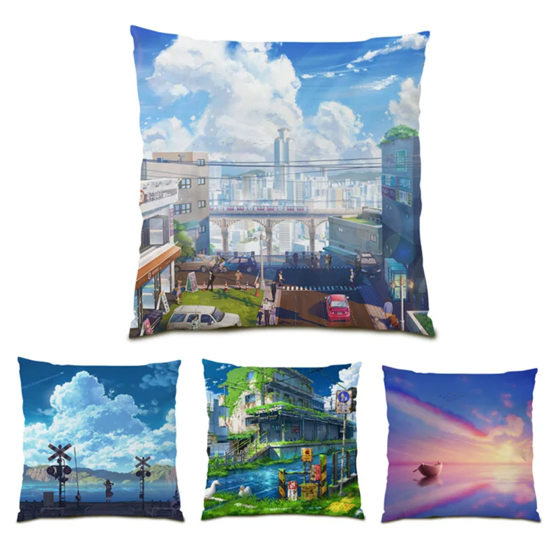 

Cute Landscape Velvet Decoration Home Polyester Linen Anime Scenes Cushion Cover Sofa Decorative Artistic Furry Pillowcase E0707