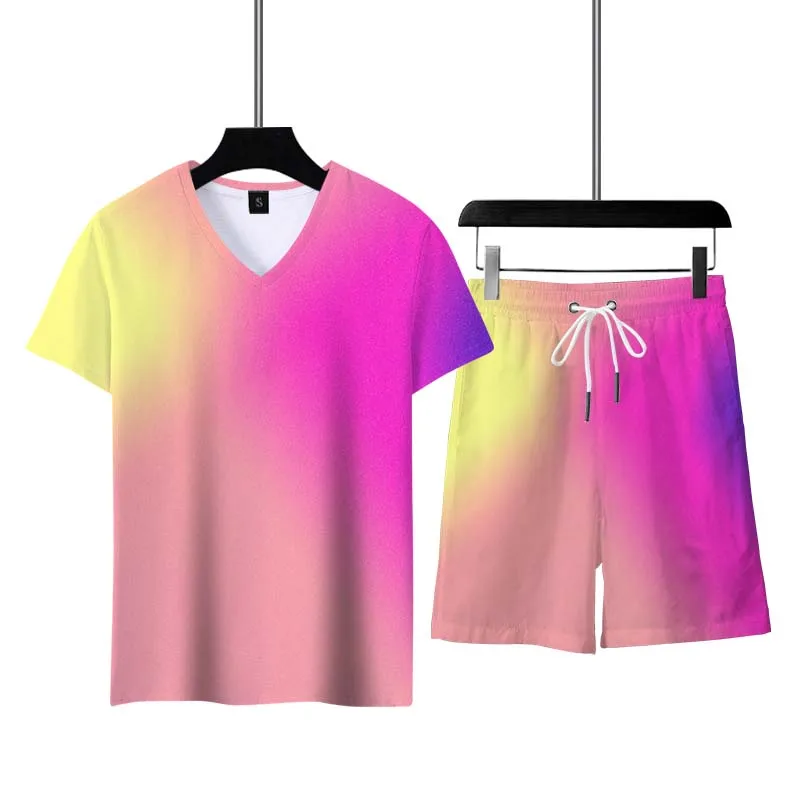 gradient multicolor suits men brand quality tracksuit set male quick drying v neck sport short training running sportwear hot free global shipping