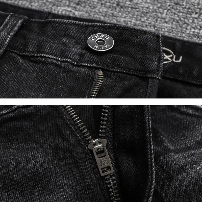 European Designer Fashion Men Jeans High Quality Retro Black Gray Elastic Slim Fit Ripped Jeans Men Vintage Denim Pants Hombre