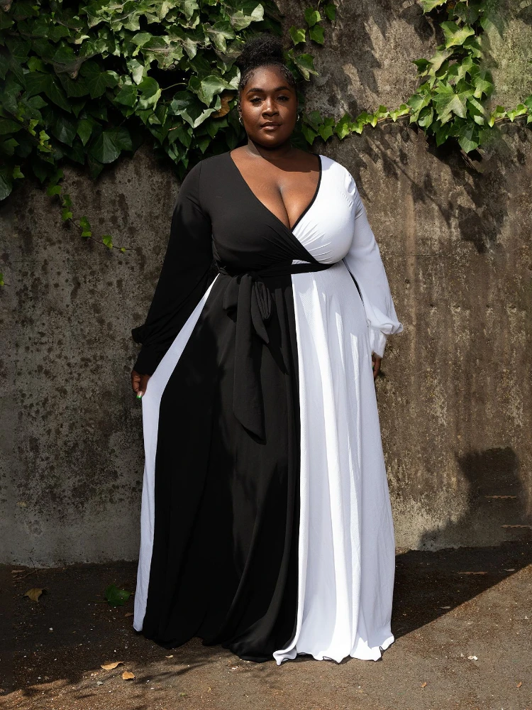 

Plus Size 4XL 5XL Sexy A Line Dresses Long Sleeve Swing Color Block Dress Elegant Autumn Summer Fashion 2022 Party Event Wear