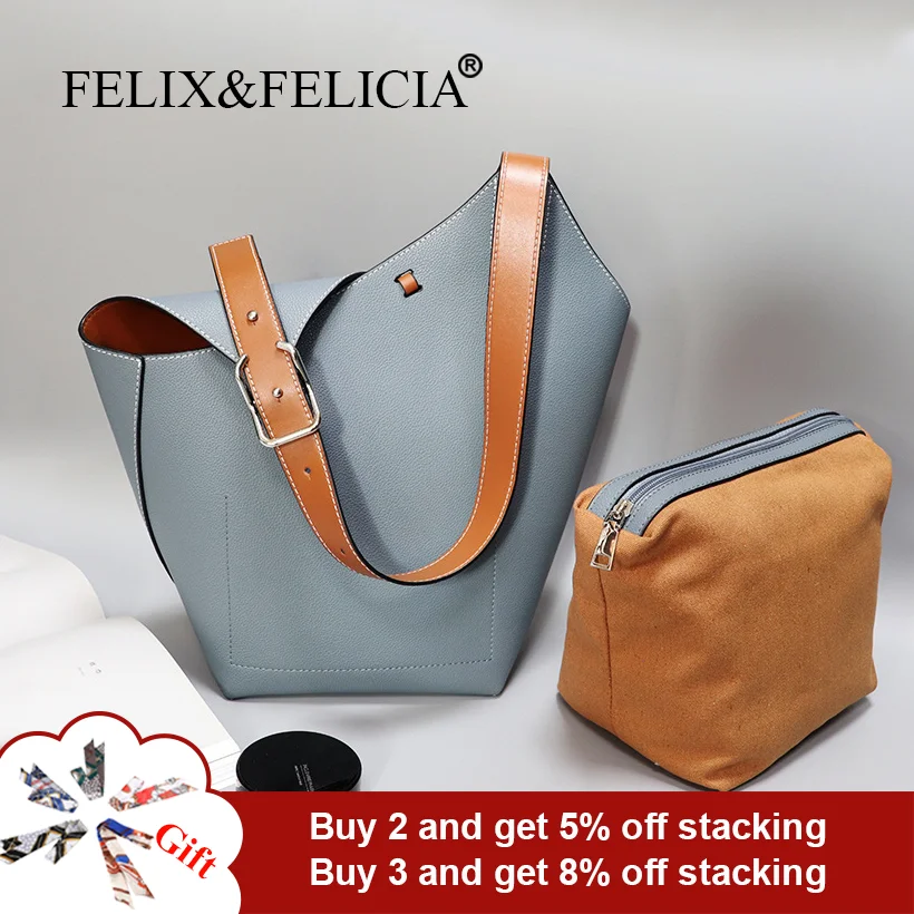 FELIX&FELICIA Factory Brand Genuine Leather Handbags New For Women Shoulder Ladies Casual Bucket Luxury Designer Top-Handle Bags