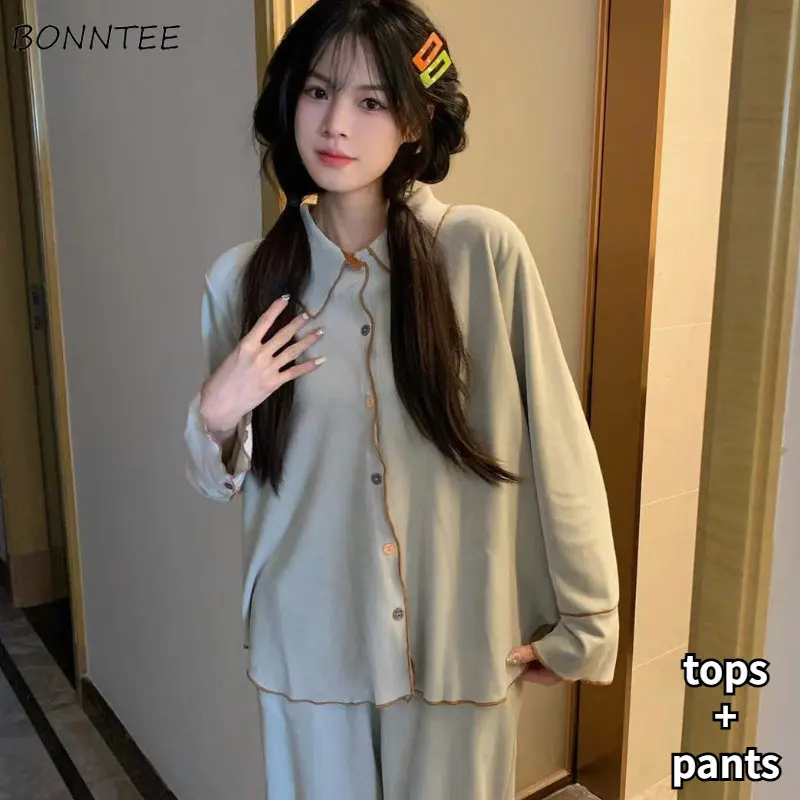 

Пижамный комплект женский из двух предметов, уютный Повседневный мешковатый Топ с длинным рукавом в японском стиле Kawaii Ins, простые милые сту...