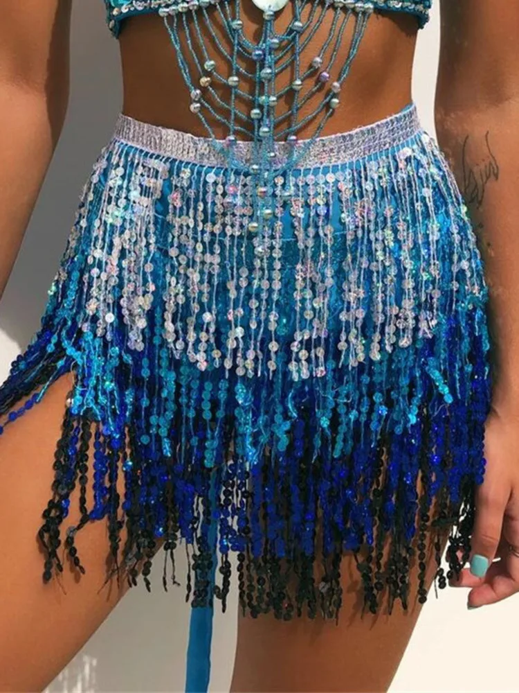 

Sequins Oriental Dancing Hip Scarf Woman Urban Latin Clothes High Waist Bellydance Sari Indian Weddings Jazz Tassel Flamco Skirt