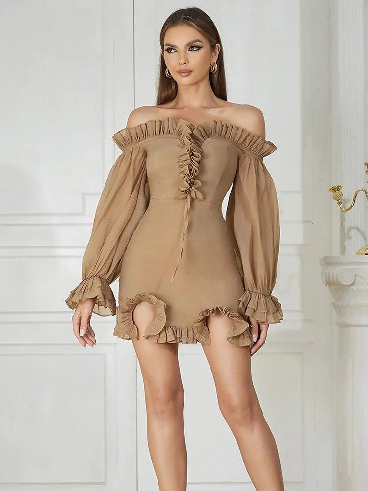 

Элегантное женское мини-платье с длинным рукавом-фонариком и открытыми плечами, летнее сексуальное облегающее платье с вырезом-лодочкой и оборками, вечернее платье знаменитости