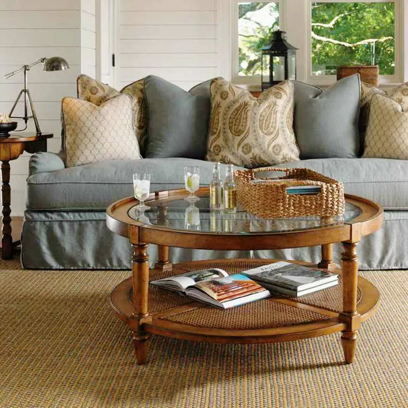 

Yili light luxury French solid wood retro round glass medieval old round table rattan double storage simple coffee table