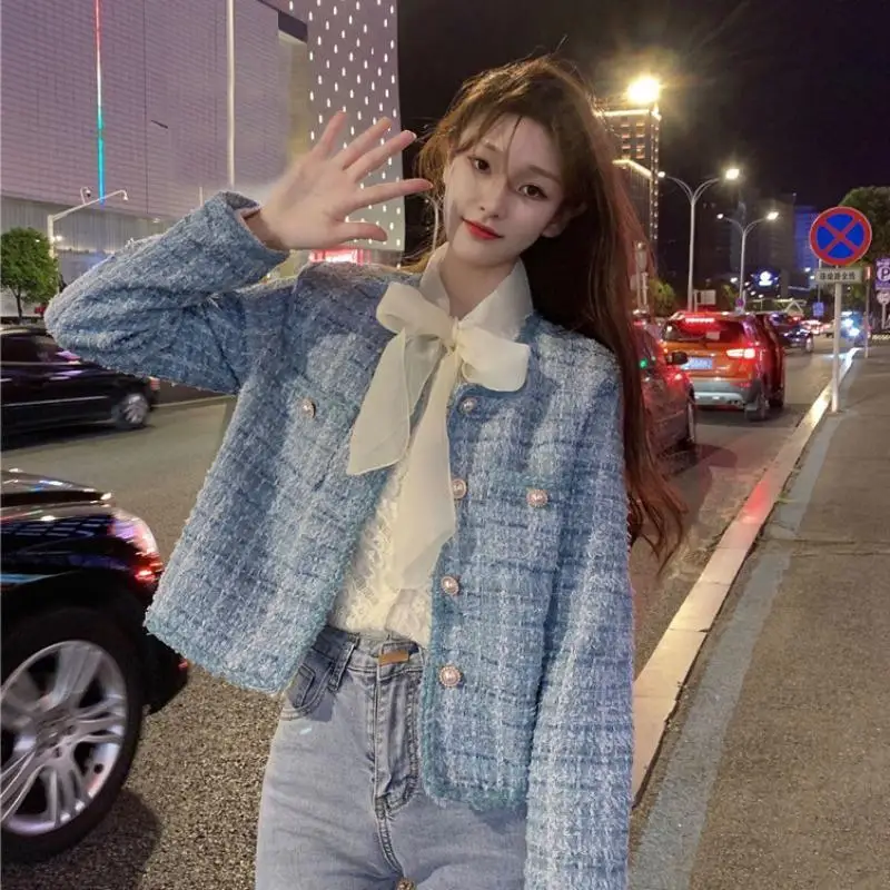 

Женское твидовое шерстяное пальто, подиумное однобортное пальто с жемчужными пуговицами и круглым вырезом, куртка с длинным рукавом и бахр...