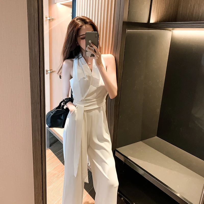 

Solid Slim Fit Party Sexy Women's Jumpsuits Summer High Waist Wide Leg White Rompers French High Street Female Clothing