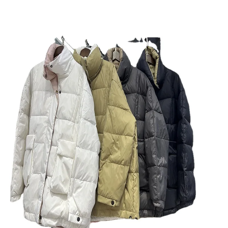 2022 New Winter Down Jacket Women's Large Pocket Loose Fashion Contrast Color Bread Coat Warm White Down Jacket for Women