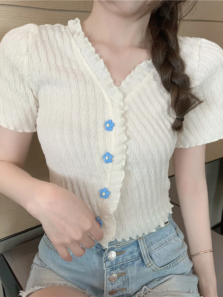 

Summer Sweet Knitted Cardigan Short Sleeve Ruffles Flower Button Tops Preppy Style Ulzzang T Shirt All-match Slim Solid Crop Top