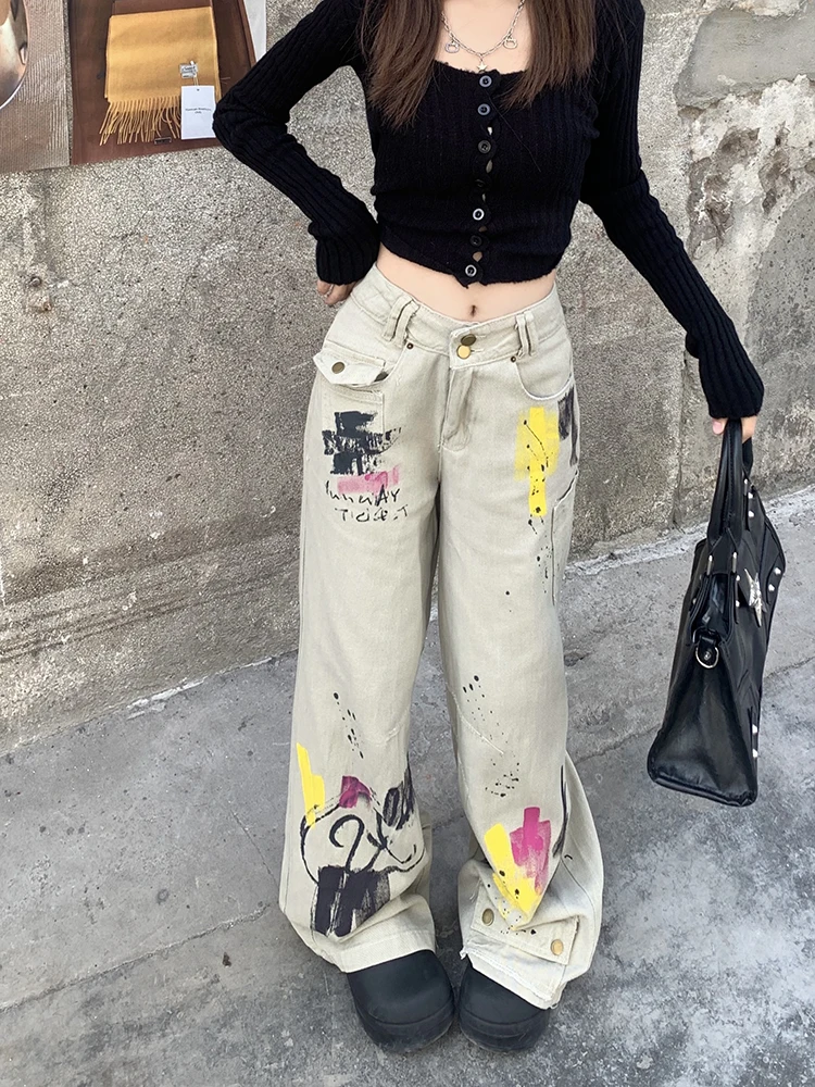 WCFCX STUDIO винтажные джинсы с принтом граффити высокой талией свободные широкие