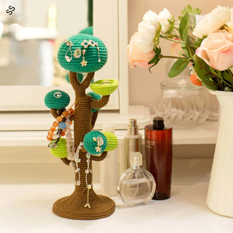 New Fashion DIY Finished Pure Handmade Cotton Knitted Tree Design Jewelry Storage Shown Display for Women