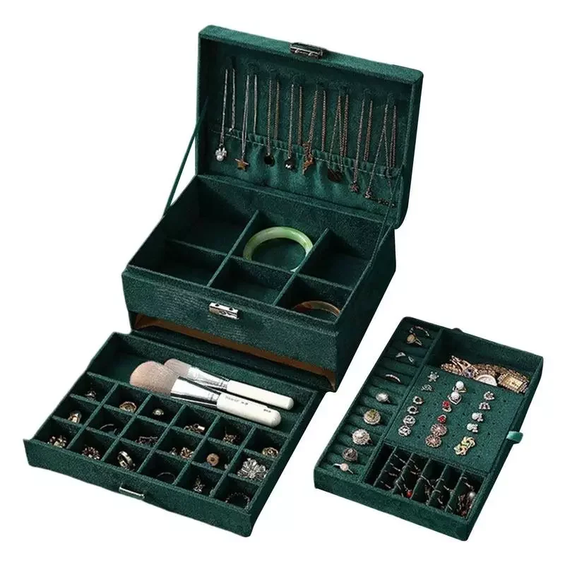 

3-Tier Velvet Jewelry Boxes Green Velvet Necklace Box Organizer Jewelry Box Lock Rings Christmas Jewelry For Women Watches