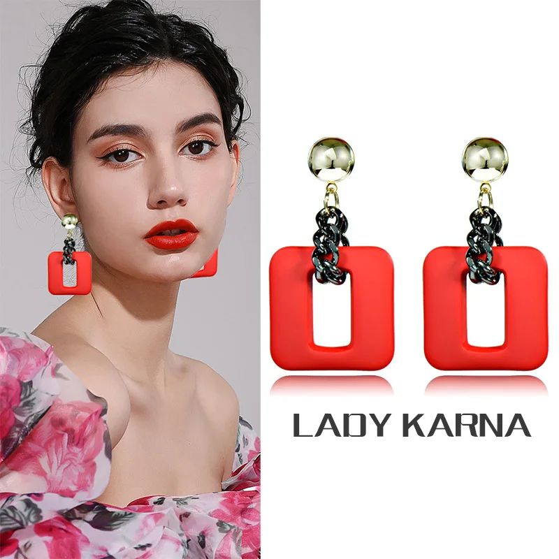 

Acrylic Exaggerated Trendy Square Cutout Vintage Geometric Chain Red Resin Earrings