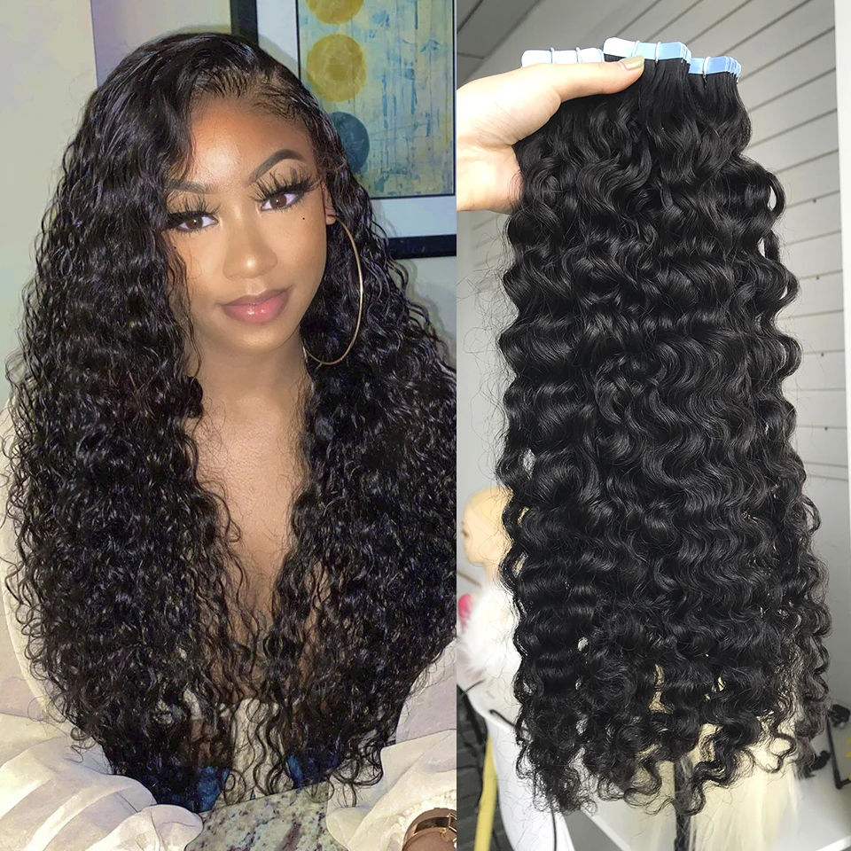 Water Wave Tape in Human Hair Extensions For Black Women Wet and Wavy Hair Bundles Adhesive Invisible Tape Hair Waterproof