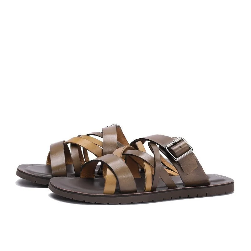 

Quality High Leather Slippers Men Leisure Platform Height Increasing Summer Beach Shoes Street Real Leather Slip On Sandals