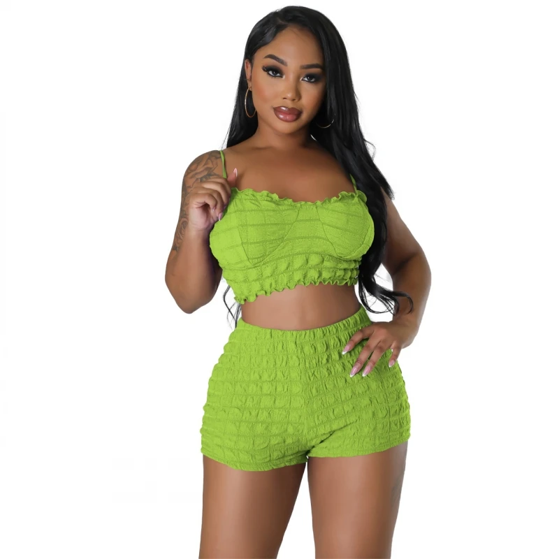 

2 Piece Set Fashion Elastic Plaid Women Outfits Spaghetti Strap Tank And Shorts 2023 INS Summer Fitness Active Tracksuit