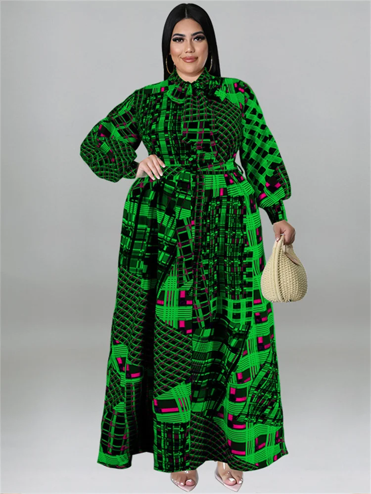 Plus Size Women Clothing Fall Dresses with Belt Loose Vintage Long Sleeve Print Big Hem Long Dress Who 3xl 4xl 5xl 6xl