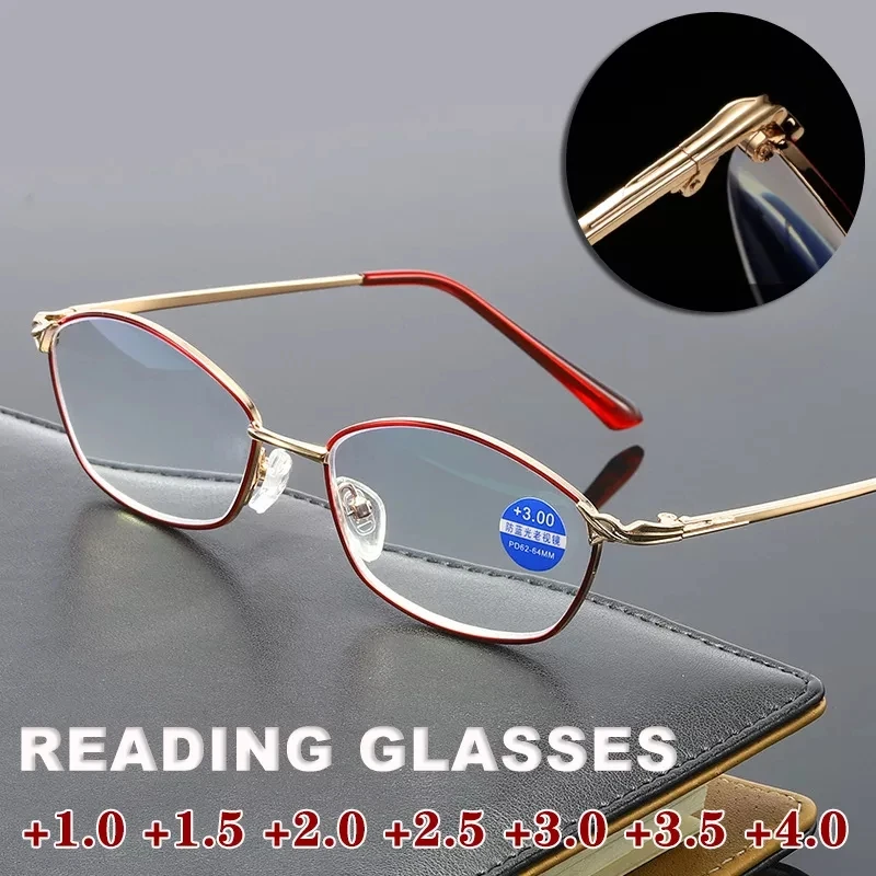 

Очки для чтения с защитой от сисветильник света, модные женские очки с металлической оправой, очки для дальнозоркости с защитой от излучения от + 1,0 до + 4,0