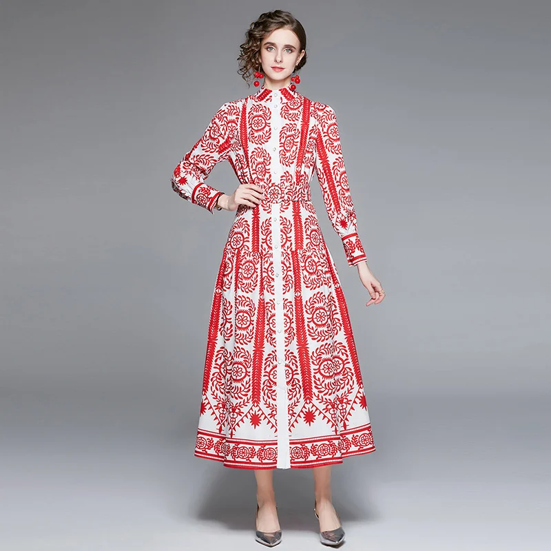 

SuperAen 2022 Spring New A Line Printing Puff Sleeve Waist Slim STAND Casual Dresses for Women