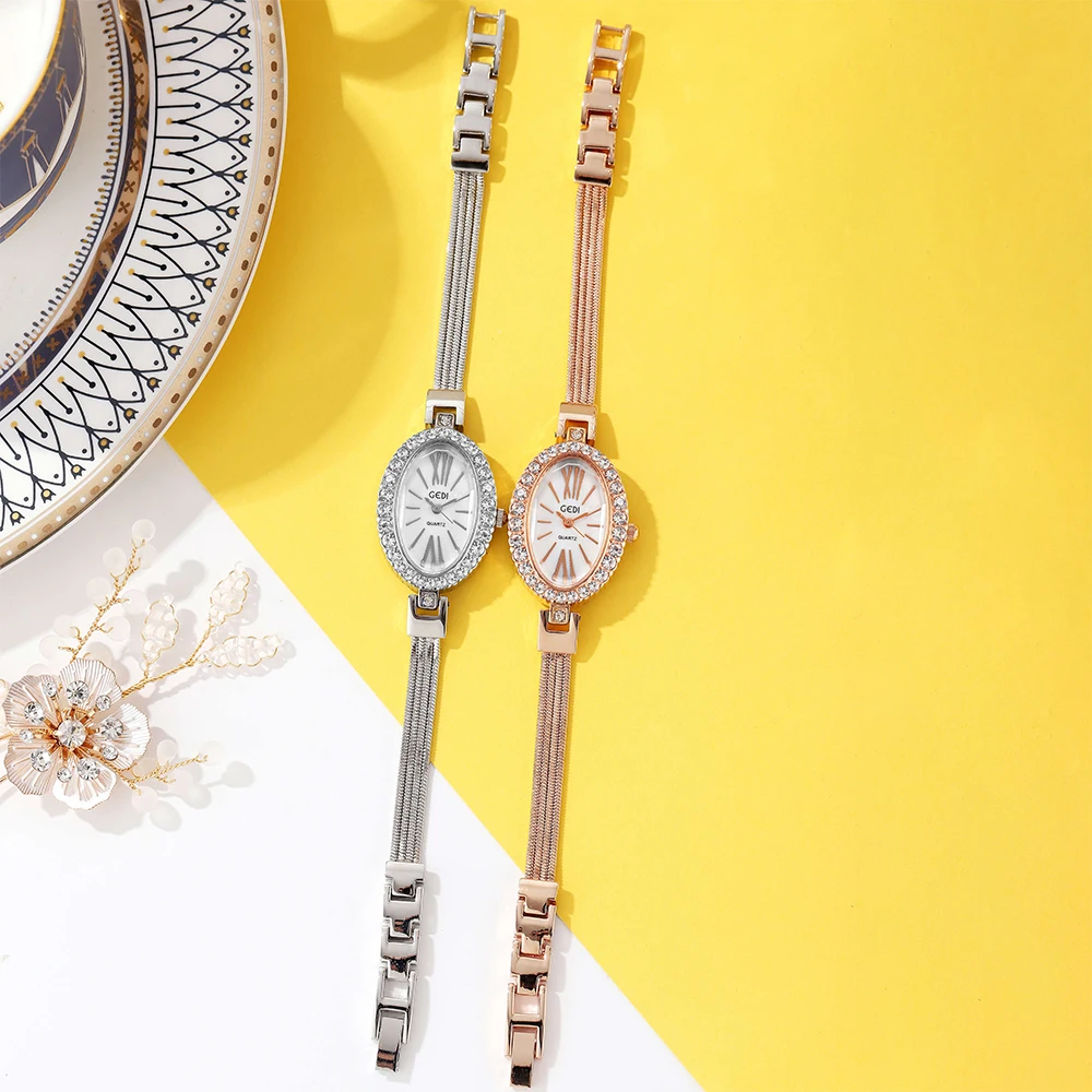 GEDI Luxury Oval Full Diamond Ladies Watches Waterproof Fashion Rose Gold Stainless Steel Bracelet Watch for Women Quartz Clock