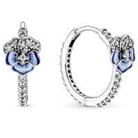 authentic 925 sterling silver sparkling blue pansy flower with crystal hoop earrings for women wedding gift pandora jewelry