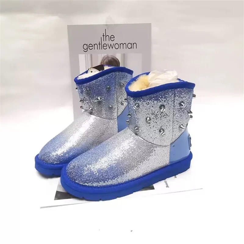 

Classic hand custom add pile warm thick bottom waterproof platform fur one boot rivets large size female Baidu 35-39