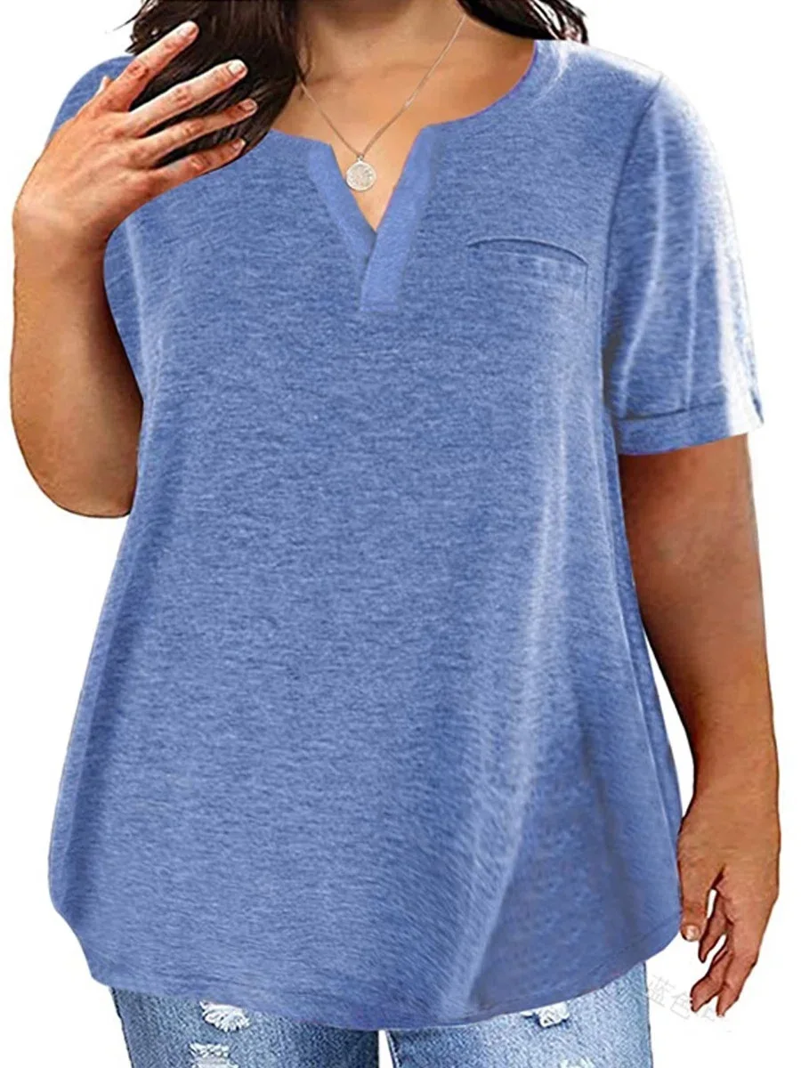 

2022 V-neck solid color short-sleeved T-shirt casual summer new top grey