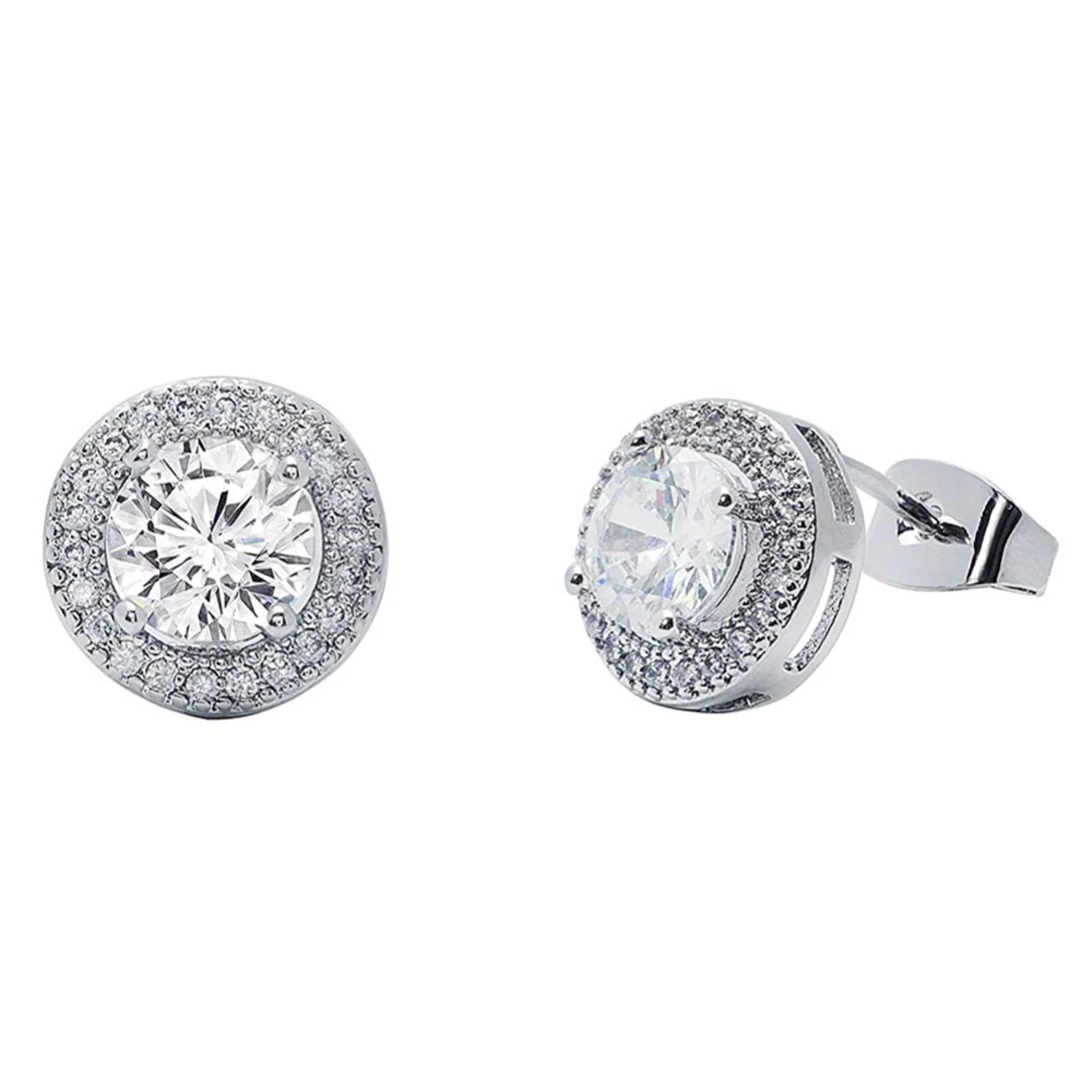 

Mariah 18k White Gold Plated Round Cut CZ Halo Stud Earrings, Sparkling Cluster Silver Stud Earring Set w/ Solitaire Round Cut G