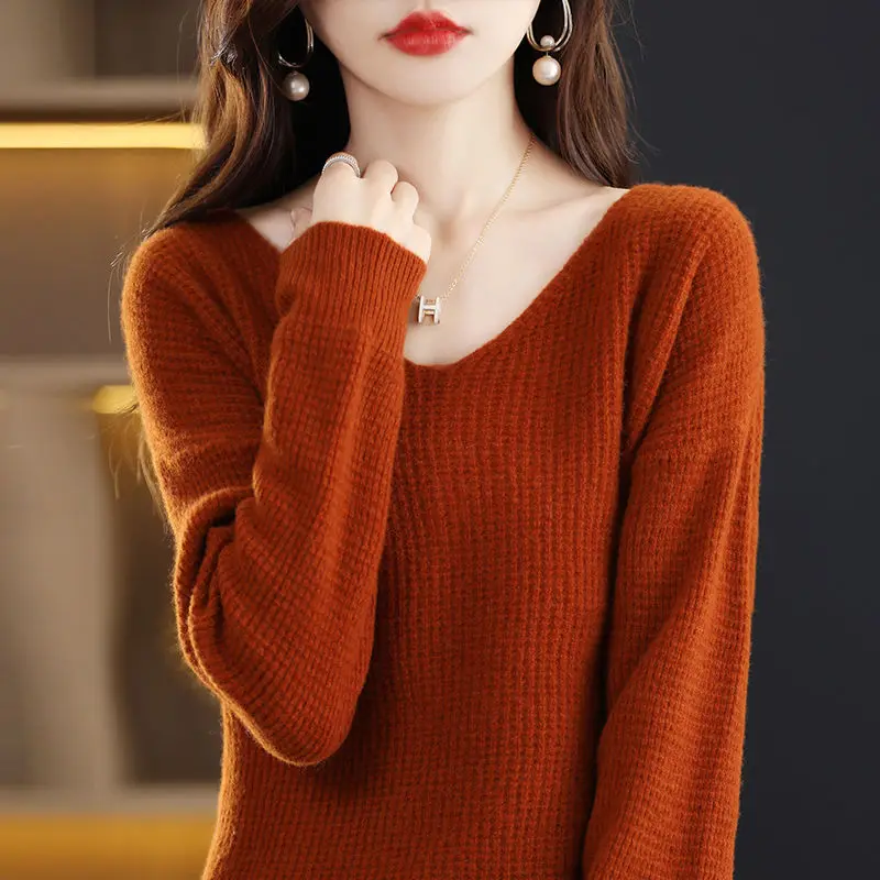 

Fashion V-Neck Knitted Solid Color Korean Sweater Women's Clothing 2022 Autumn New Loose Casual Pullovers All-match Tops