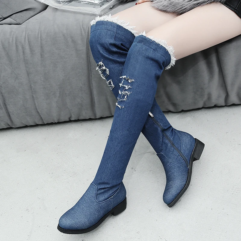 Women Boots Luxury 2022 Winter Fashion Zipper Low Heel Women Shoes New Casual Plus Size 40-46 Cowboy Knee High Ladies Boots