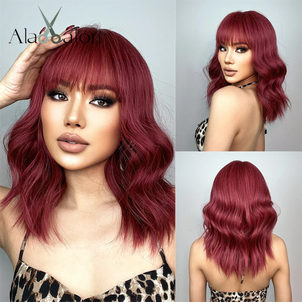 

ALAN EATON Red Natural Wave Wigs with Bangs Medium Length Synthetic Wig for Women High Quality Heat Resistant Hair Party Cosplay