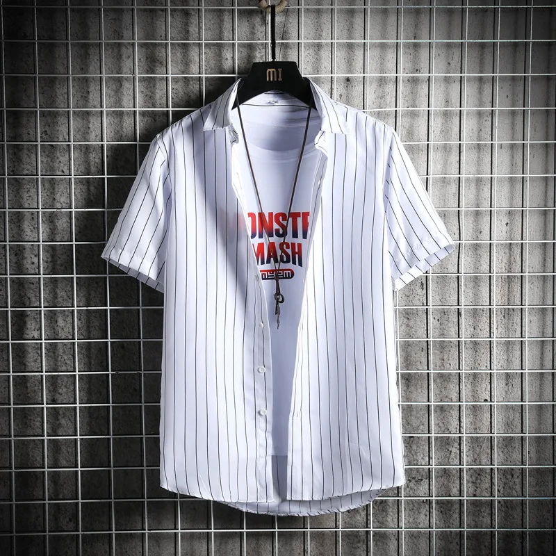Summer 2022 Fashion Casual Youth Short Sleeve Men's Clothes Quick Dry Slim Striped Polyester Shirt Factory Outlet Thin Shirts