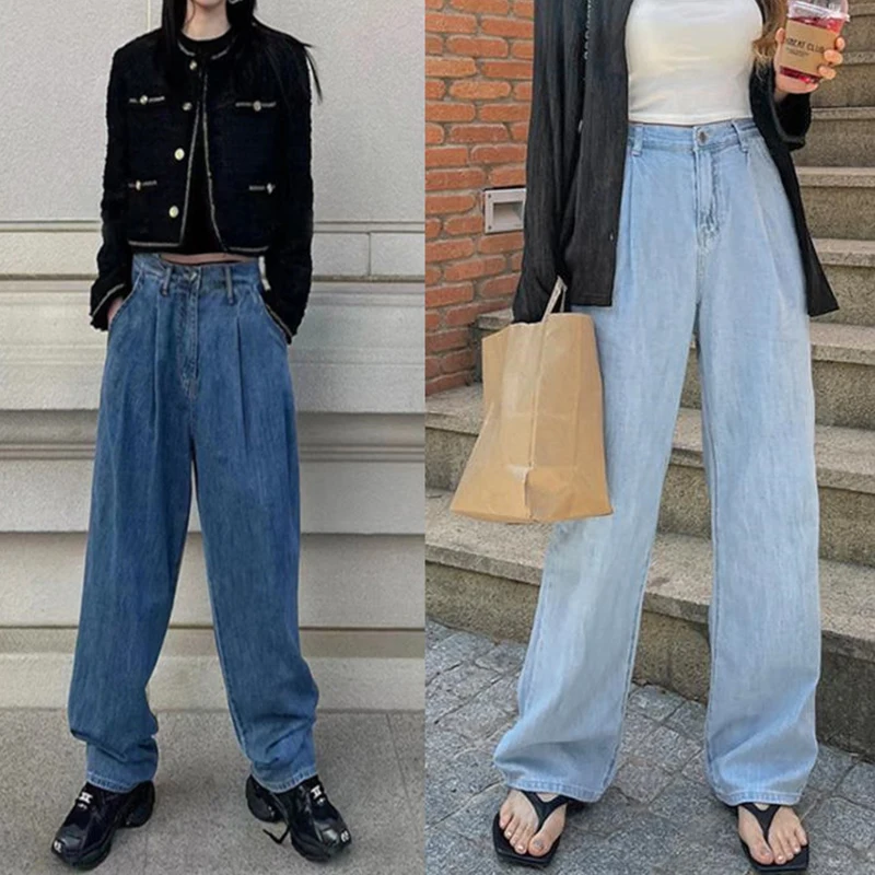 

2022 Chic High Waisted Jeans Women Light Blue Soft Denim Korean Fashion Street Wear Y2k Bell Bottom Jeans Mom