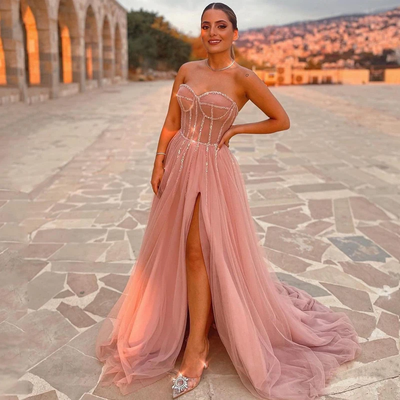 Купи Thinyfull Pink A-Line Prom Evening Dresses Sweetheart High Split Party Dress Floor Length Saudi Arabia Cocktail Gowns Plus Size за 5,095 рублей в магазине AliExpress