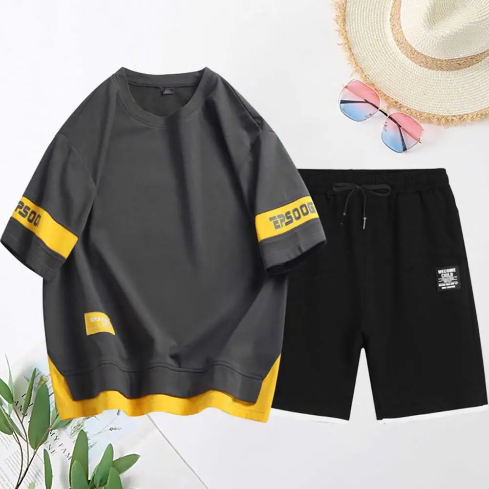 

2Pcs/Set Fashion Jogging Suit Short Sleeve Mid-rise Men Activewear Summer Fake Two Pieces Men Tracksuit