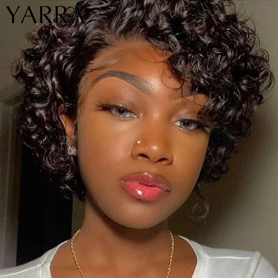 Short Pixie Cut Wig Human Hair 6 Inch 13x1  Brazilian Remy Hair Curly Bob Wig Transparent Lace Wig Preplucked Hairline Yarra
