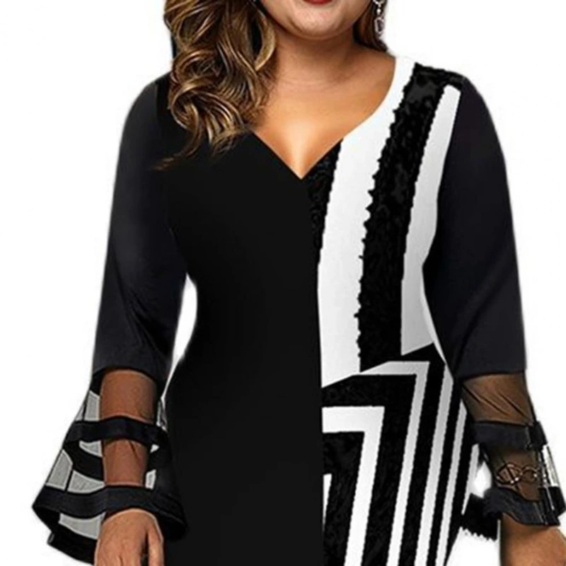

Plus Size Women Dress Mesh Patchwork Slim Sheath Dress Elegant Party WeddingPlus Size Dress Women Fashion Sexy Long Sleeve