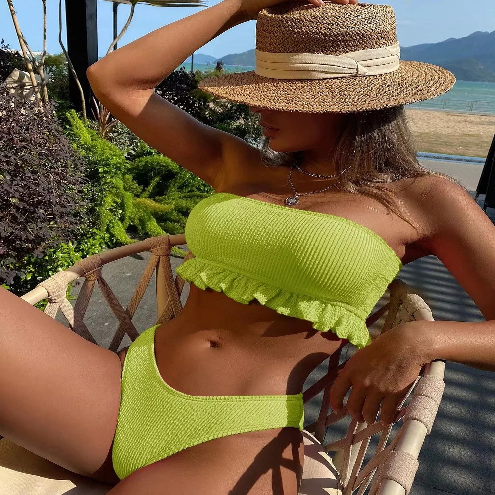 

2022 New Fashion Textured Ruffle Bandeau Solid Ribbled Bikini Summer Brazilian Swimsuit Sexy Two Pieces Tankini Beachwear